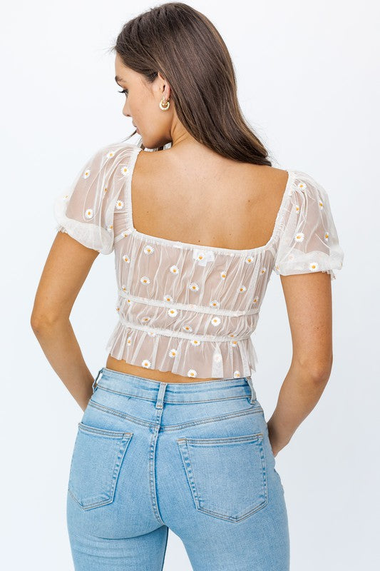 Lula Short Sleeve Ruched Embroidery Crop Top