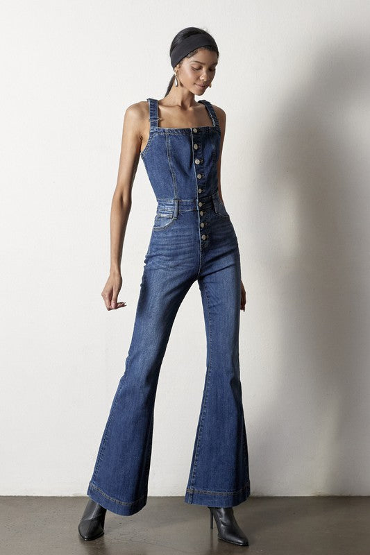Natalia Front Buttons Flare Denim Overalls