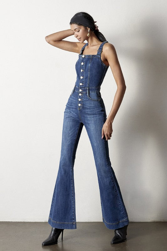 Natalia Front Buttons Flare Denim Overalls