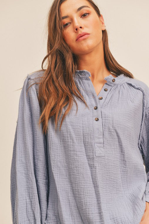 Toni Distressed Button Down Top