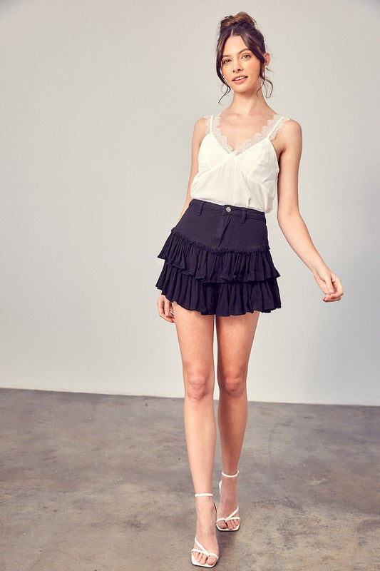 Scarlet Shirred Crapon Cont Detail Denim Skorts