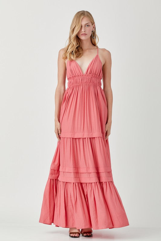 Stephanie Shirred Ruffle Folded Detail Maxi Dress