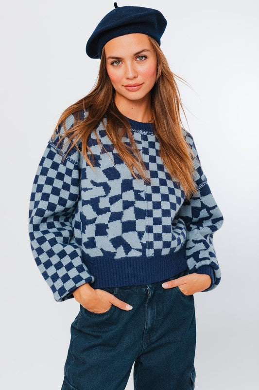Leslie Long Sleeve Checkerboard Sweater