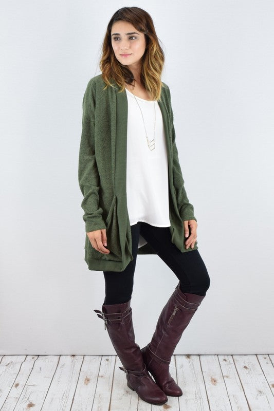 Jerrie Solid Drape Pocket Cardigan
