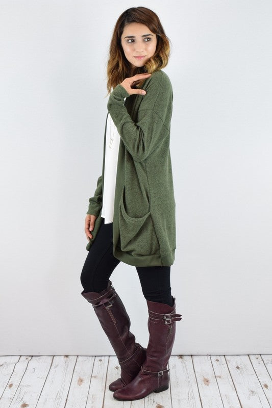 Jerrie Solid Drape Pocket Cardigan