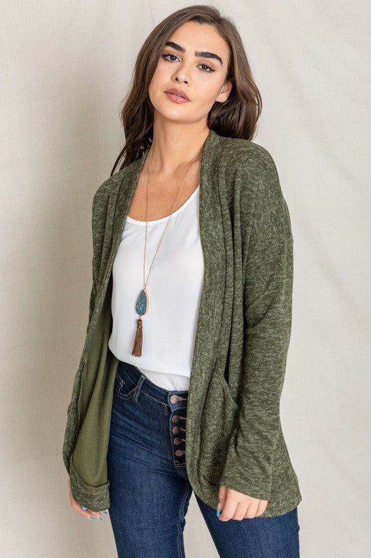 Jerrie Solid Drape Pocket Cardigan