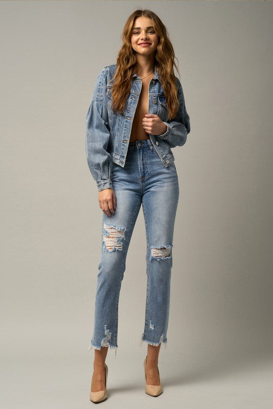 Delilah High Waist Distressed Fray Straight Jeans