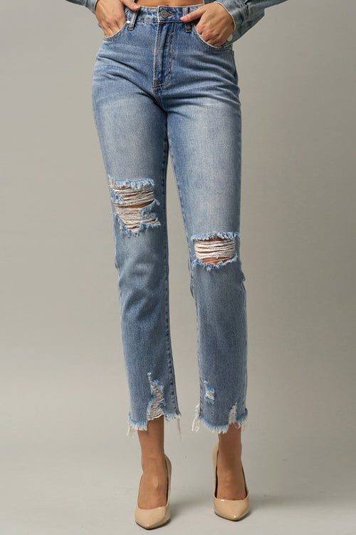 Delilah High Waist Distressed Fray Straight Jeans