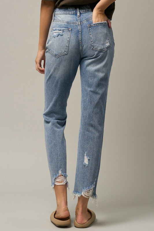 Delilah High Waist Distressed Fray Straight Jeans