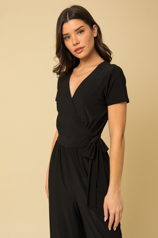 Maria Solid Surplice Cropped Jumpsuit with Faux Wrap