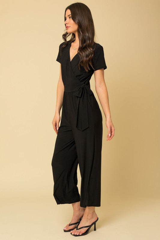 Maria Solid Surplice Cropped Jumpsuit with Faux Wrap