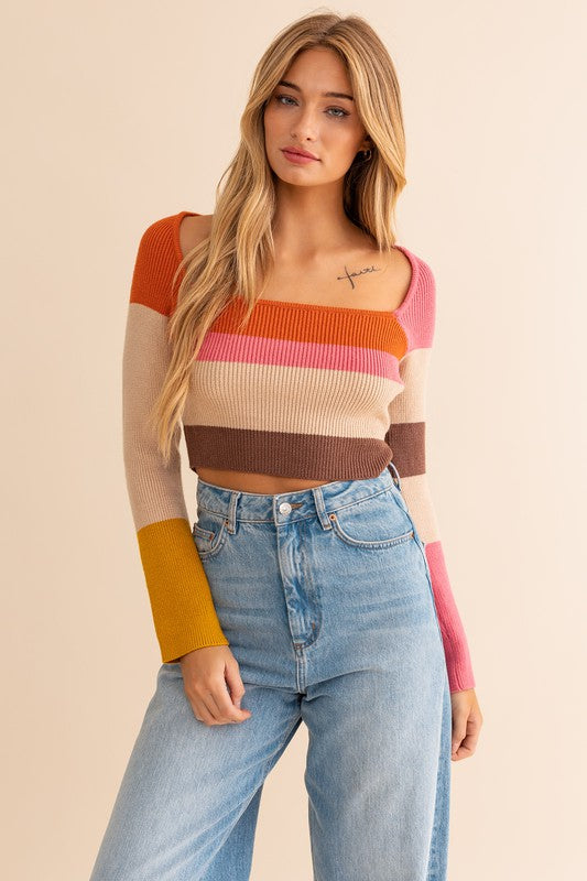 April Long Sleeve Color Block Stripe Knit Top