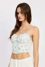 blue flower spaghetti strap ruffled top