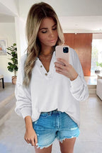 Stacy Buttoned V Neck Cotton Loose Fit Top