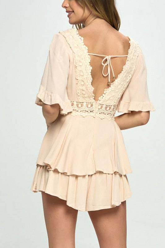 Beckett Flutter Sleeved Short Romper with Crochet Trim