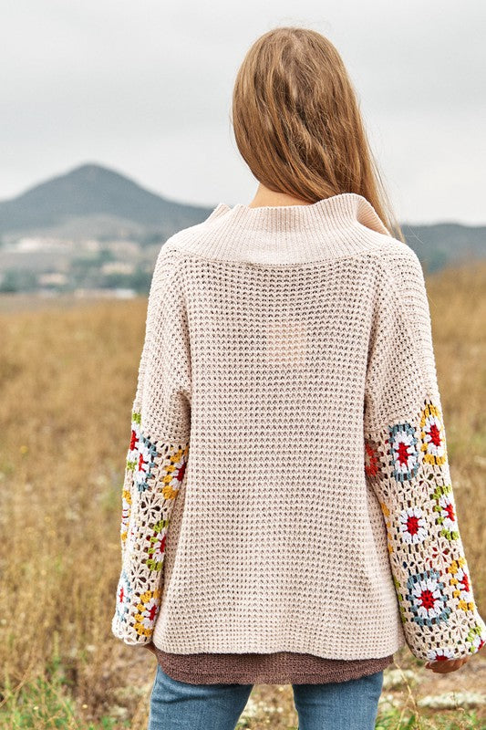 Celeste Crochet Floral Printed Long Sleeve Knit Cardigan