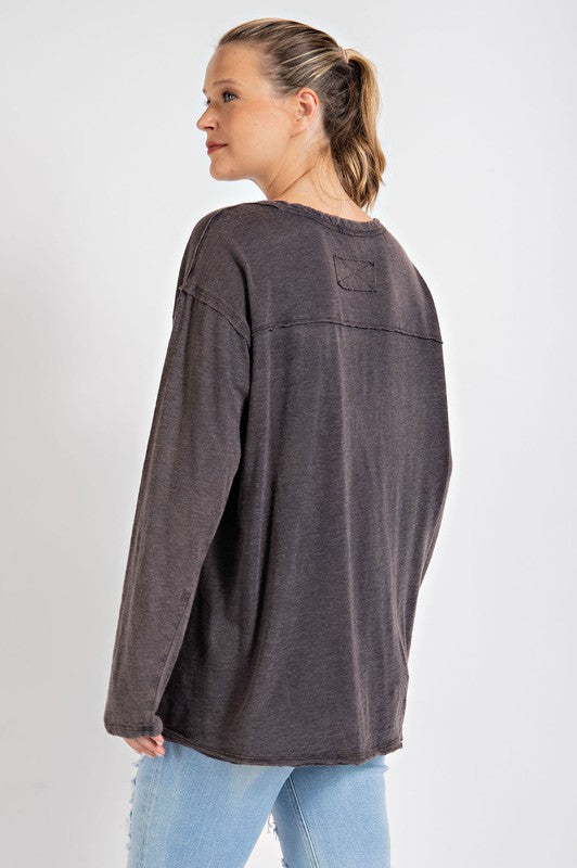 Avery Mineral Washed Round Neckline Long Sleeves Top