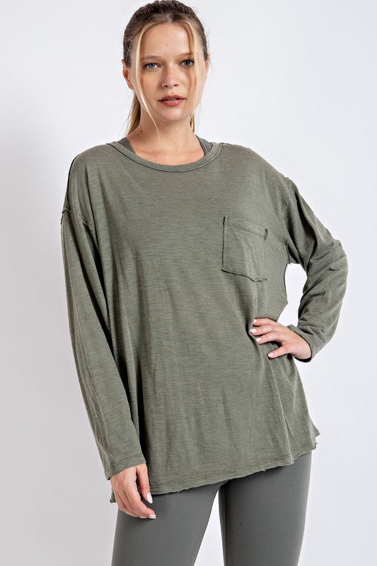 Avery Mineral Washed Round Neckline Long Sleeves Top