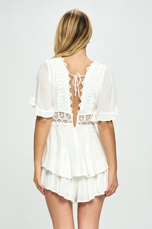 Beckett Flutter Sleeved Short Romper with Crochet Trim