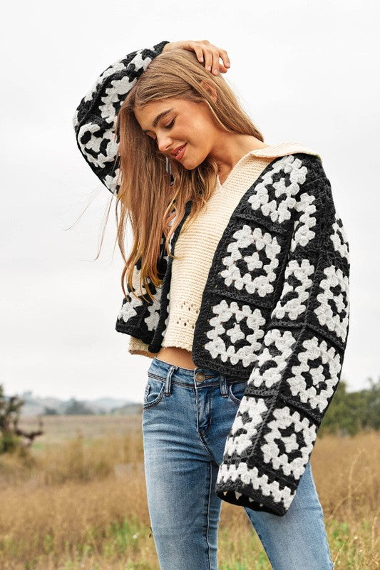 Jackie Two-Tone Floral Square Crochet Open Knit Cardigan