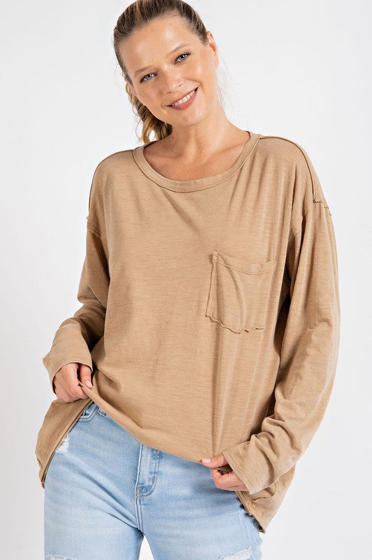 Avery Mineral Washed Round Neckline Long Sleeves Top