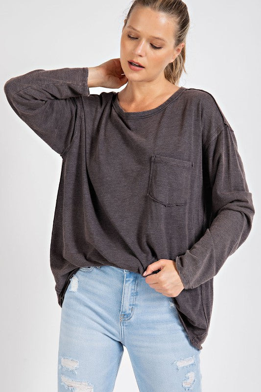 Avery Mineral Washed Round Neckline Long Sleeves Top