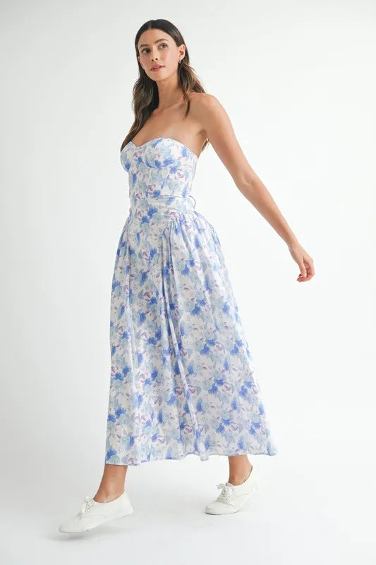 navy floral sweetheart neck midi dress Blue Floral Block Print Cotton Button-Down Sweetheart Neck Midi Dress 66" / Tall (5'7" and above)