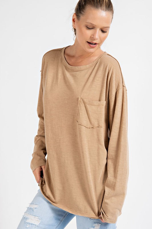 Avery Mineral Washed Round Neckline Long Sleeves Top