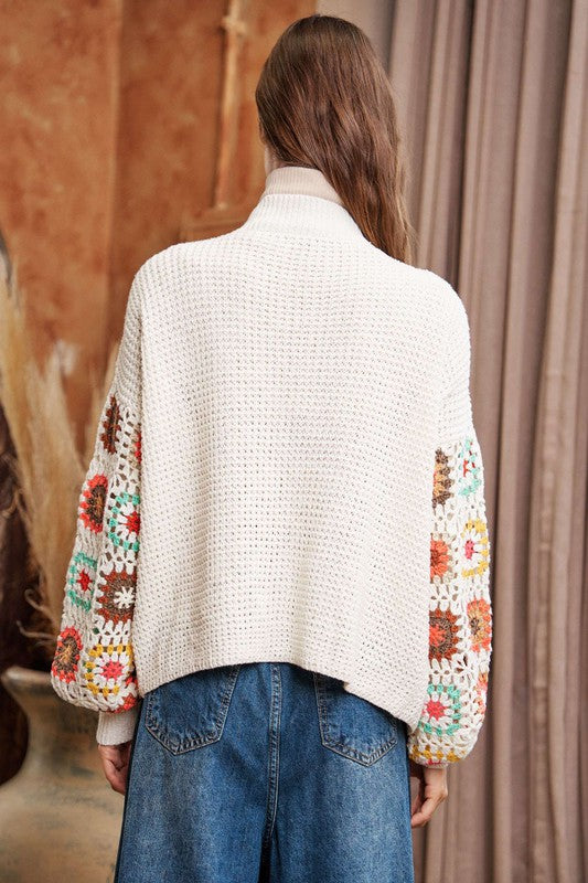 Celeste Crochet Floral Printed Long Sleeve Knit Cardigan