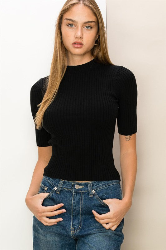 She's Cool Mock-Neck Ribbed Sweater Top || Black