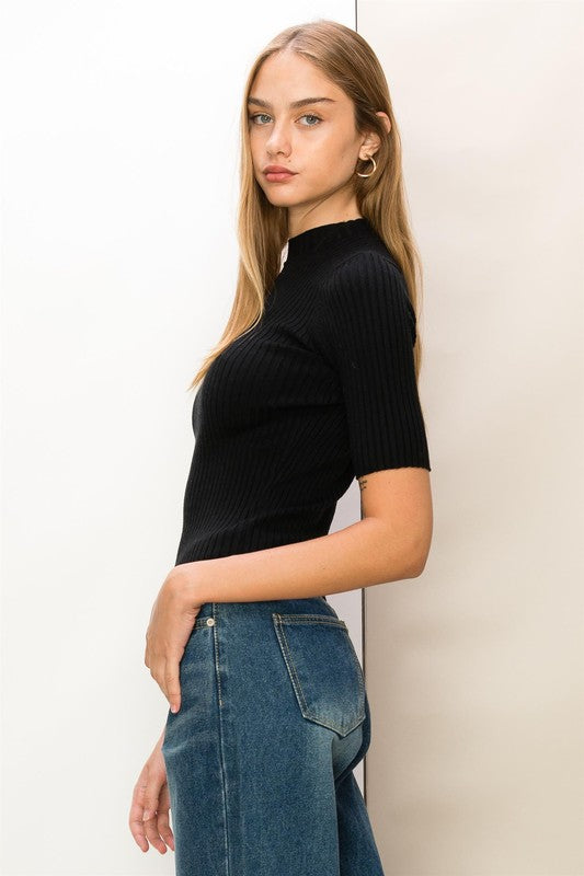 She's Cool Mock-Neck Ribbed Sweater Top || Black